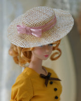 Beige vintage straw hat with blush pink ribbon bow for 1/6 scale fashion dolls