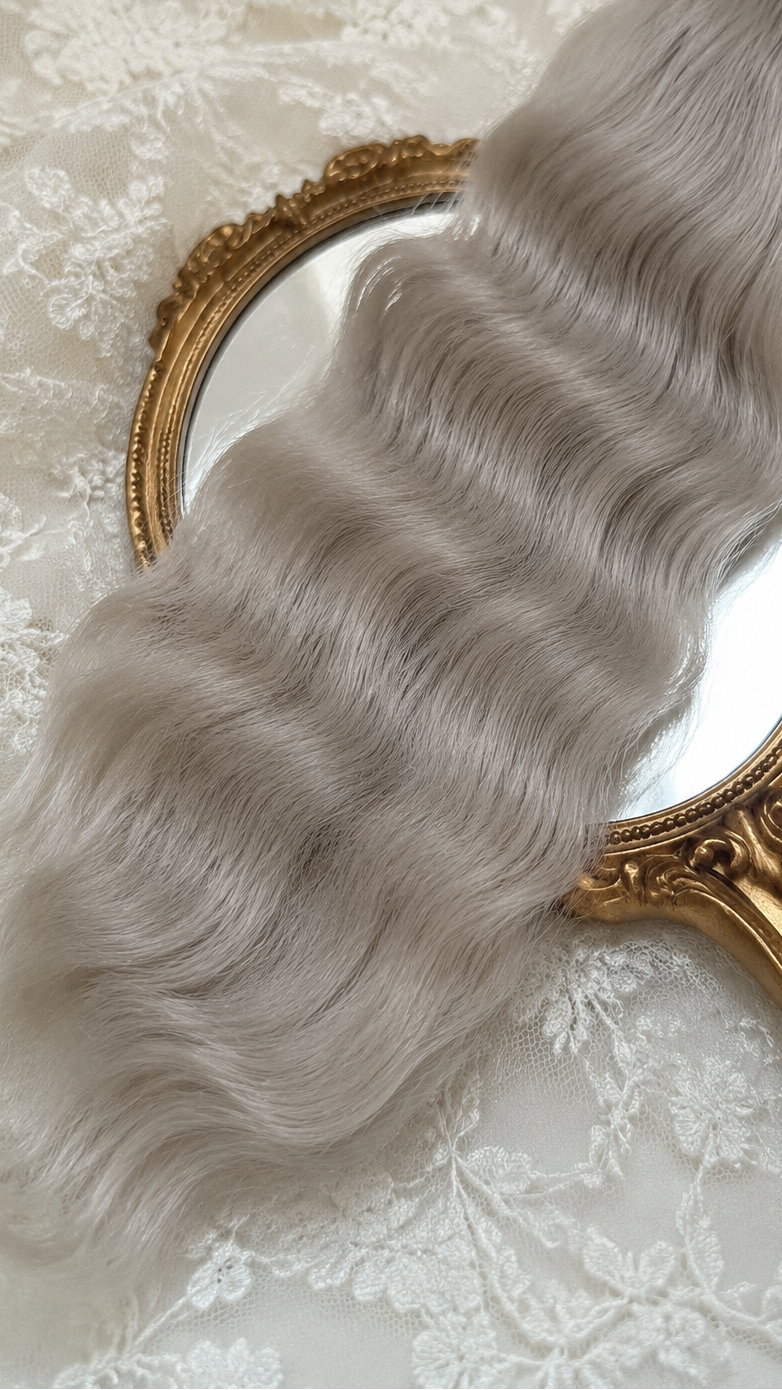 Ash blonde natural mohair doll hair, full overhead flat lay showing the complete fiber bundle