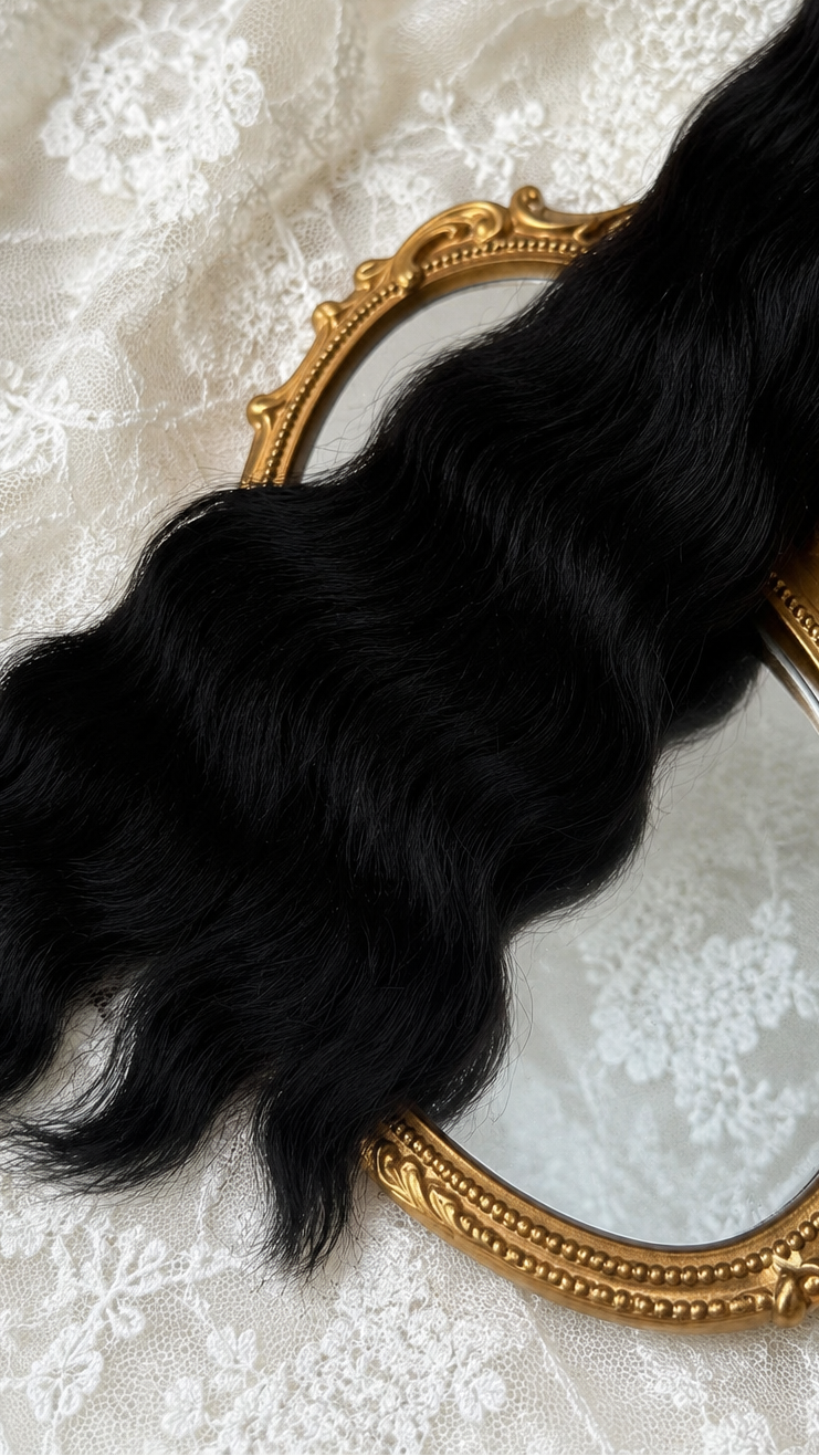 Black natural mohair doll hair, three-quarter view on ivory lace with a gold baroque mirror