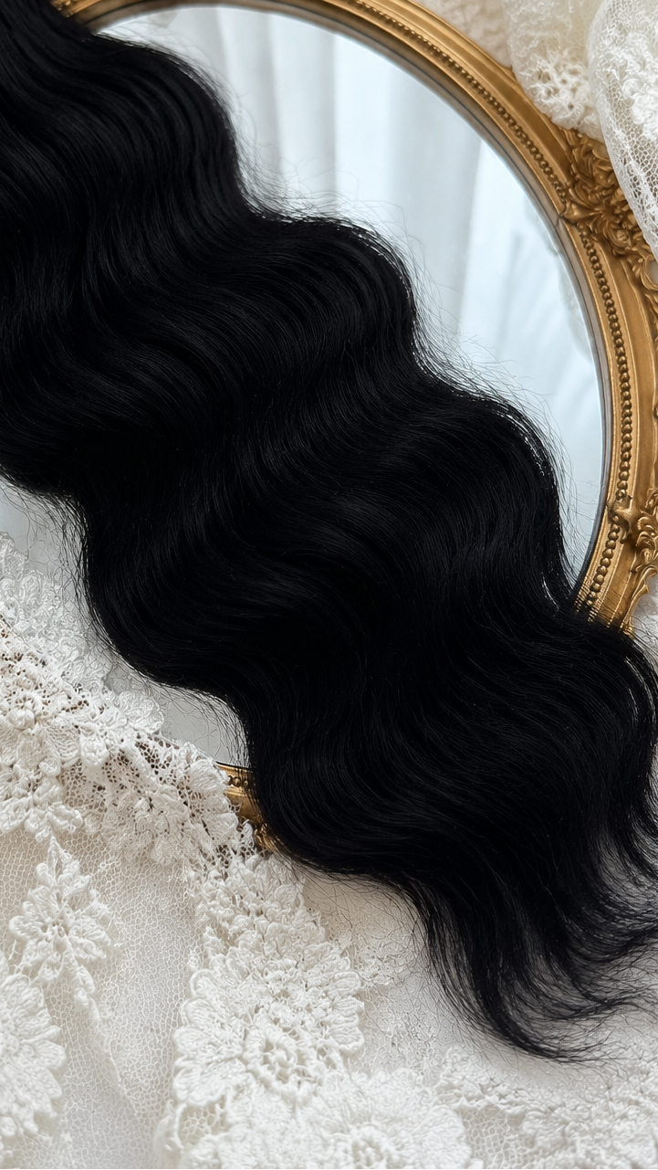 Black natural mohair doll hair, full overhead flat lay showing the complete fiber bundle