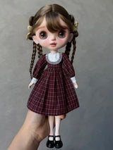 Burgundy plaid long-sleeve vintage dress for Blythe, Obitsu24, Azone, Licca and Cherry dolls