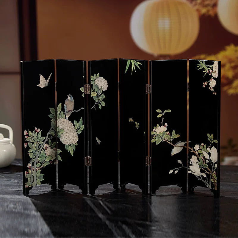 Chinese flower and bird double-sided miniature folding screen