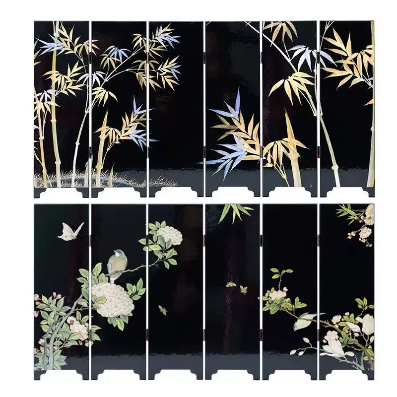 Flower and bird miniature tabletop screen with double-sided design