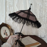 Handmade dark pink Rococo parasol with black lace, perfect for 1/3 and 1/4 BJD dolls. Ideal for gothic, fantasy, and aristocratic photo scenes.