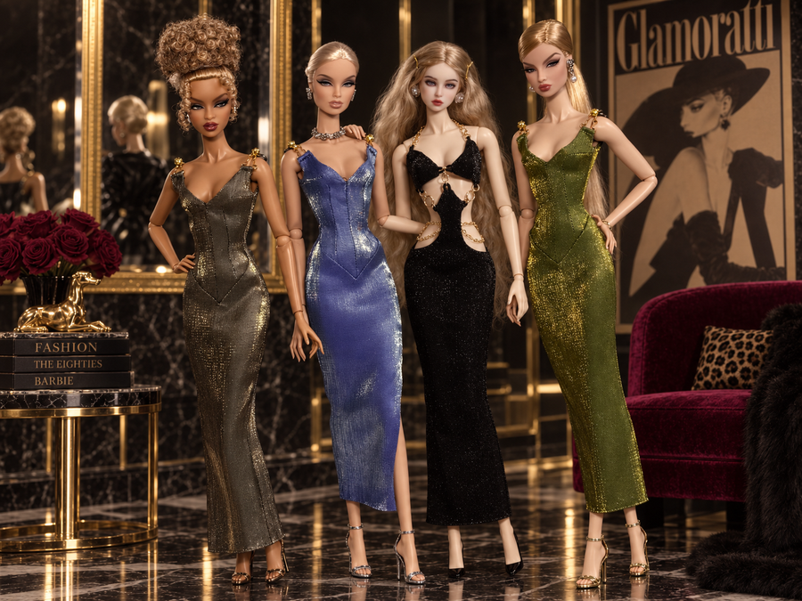 Jewel-tone V-neck gowns with gold buckle straps on 1/6 scale fashion dolls.