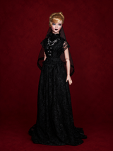 Gothic black lace doll wedding dress and veil, front view, deep burgundy studio background