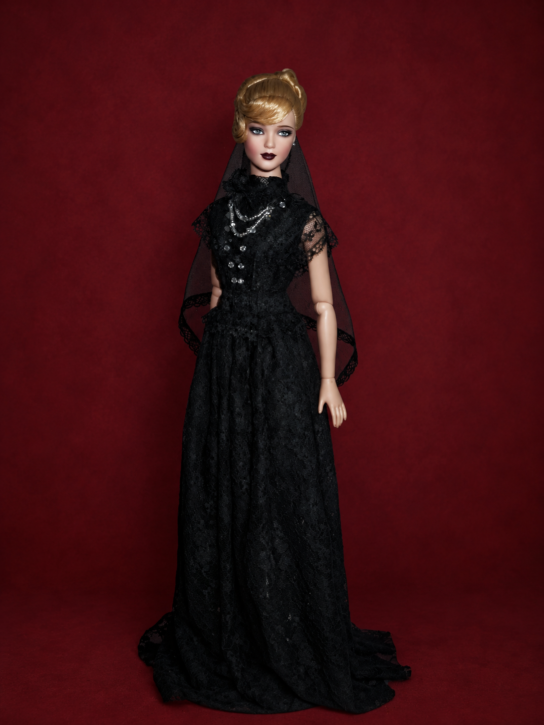 Full-length gothic black lace bridal doll outfit with veil, deep wine-red product photo