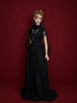 Full-length gothic black lace bridal doll outfit with veil, deep wine-red product photo