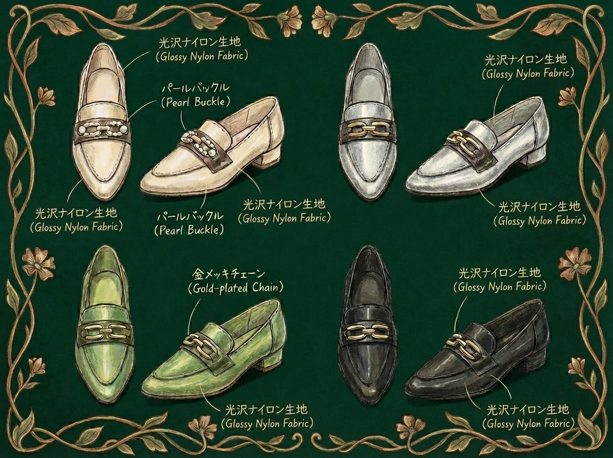 Low-heel doll shoes with metal chain detail made from glossy nylon fabric, fitting Blythe, Licca, Azone, FR and Obitsu 22/24 design