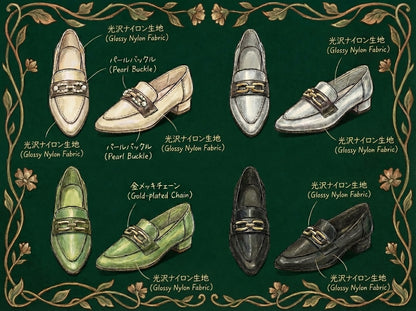 Low-heel doll shoes with metal chain detail made from glossy nylon fabric, fitting Blythe, Licca, Azone, FR and Obitsu 22/24 design