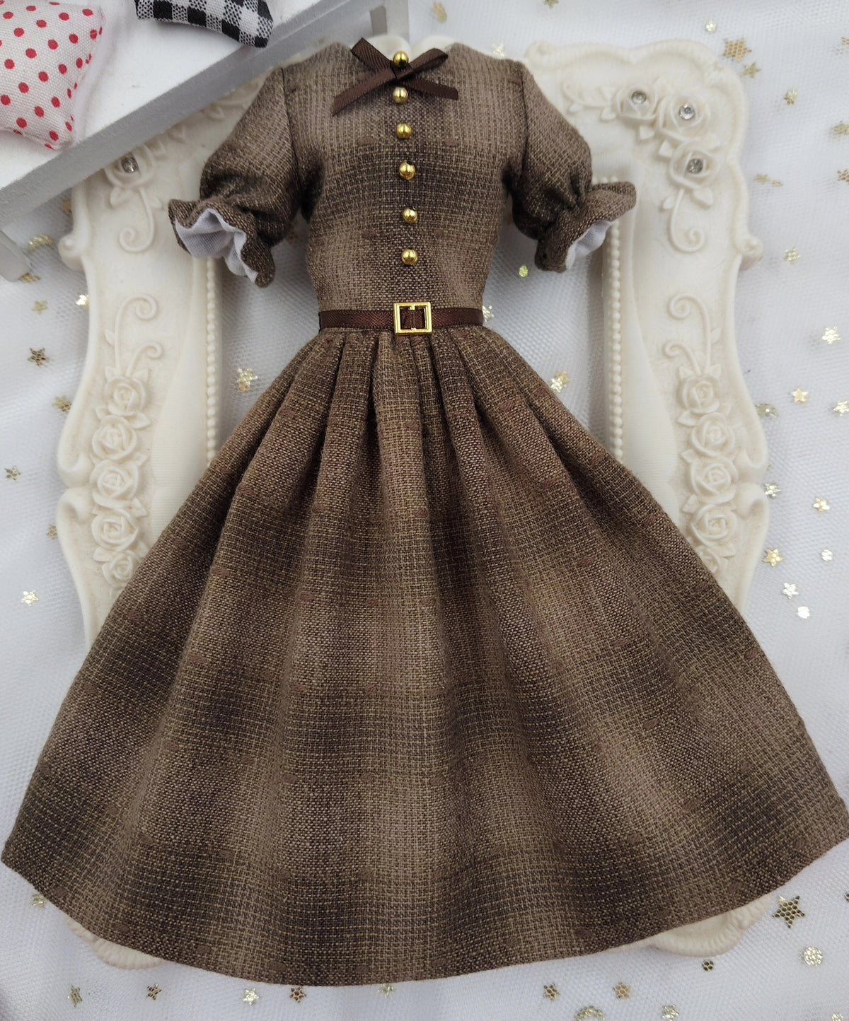 1/6 scale Brown Plaid doll vintage outfit, made-to-order dress