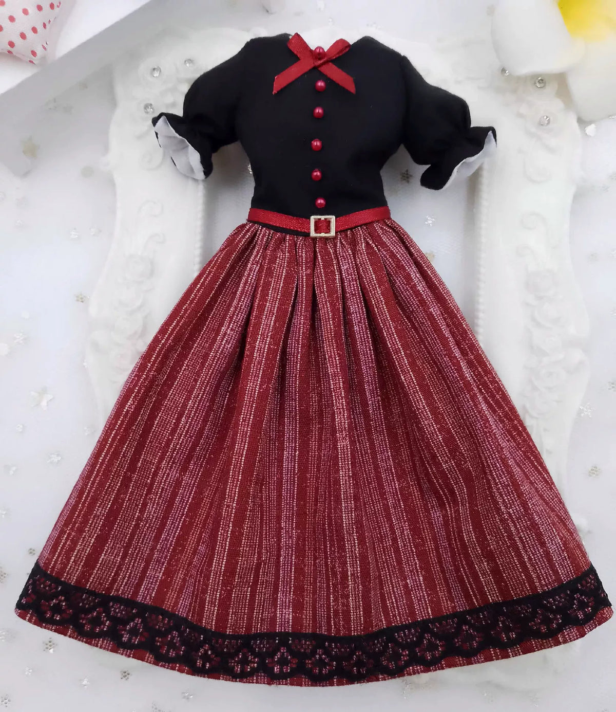 1/6 scale Burgundy Fine Pinstripe vintage doll dress, made-to-order collector fashion