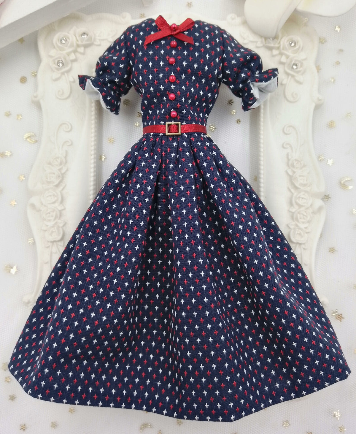 Made-to-order Navy Multicolor Ditsy Print 1/6 scale vintage doll dress for doll collectors