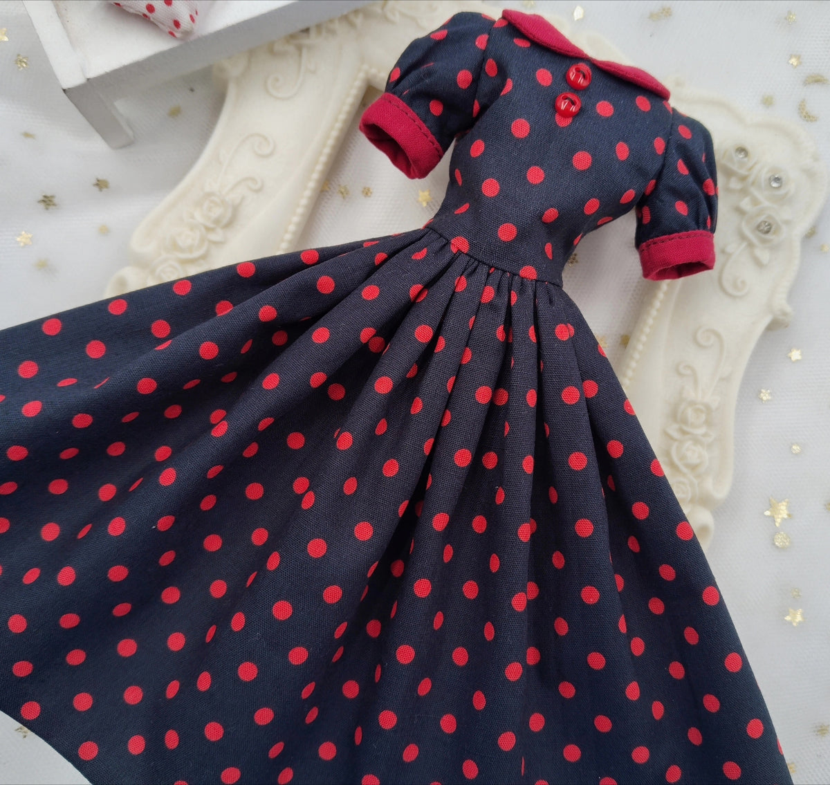 Made-to-order Navy Red Polka Dot 1/6 scale vintage doll dress for doll collectors