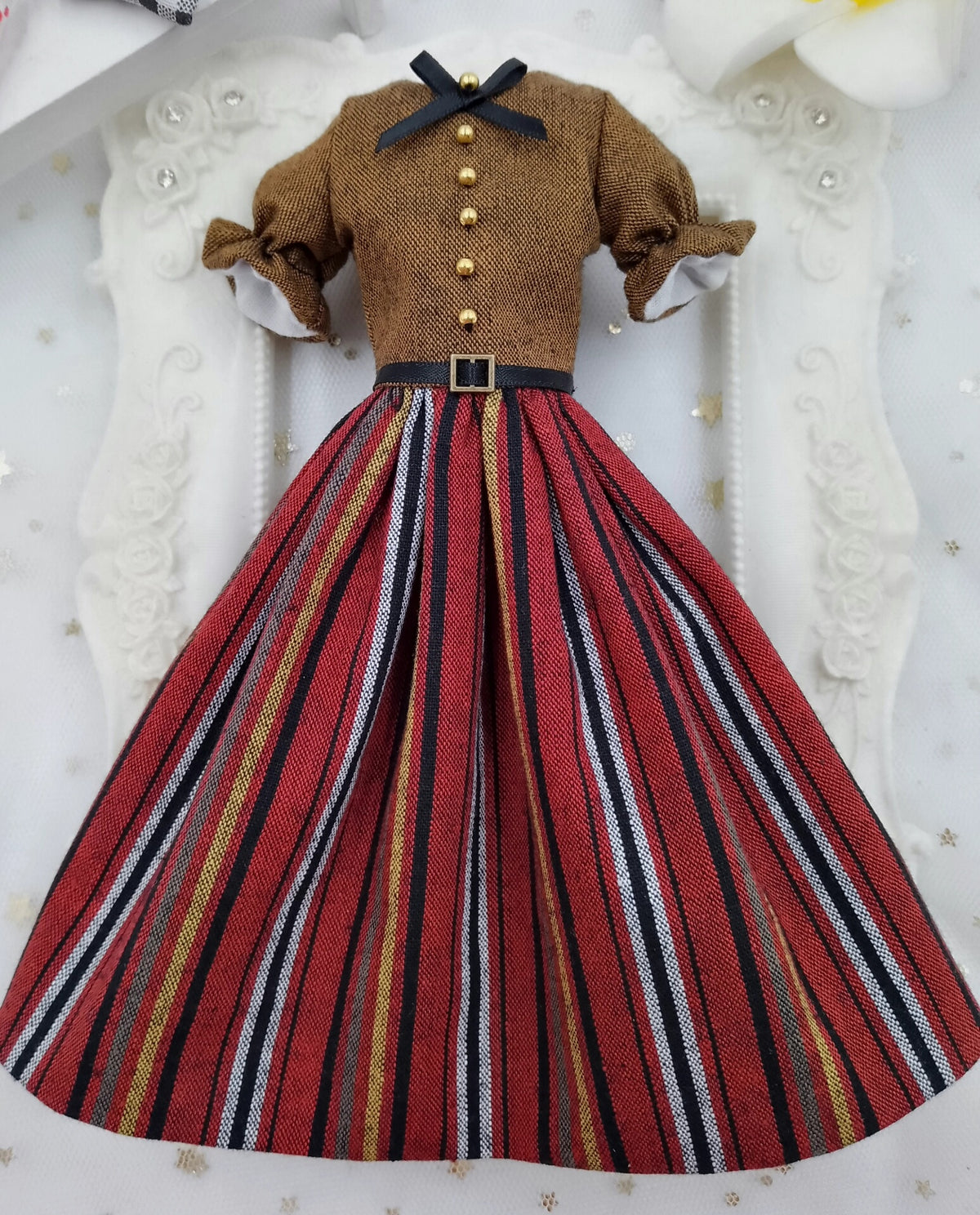 1/6 scale Red Black Blue Stripe doll vintage outfit, made-to-order dress