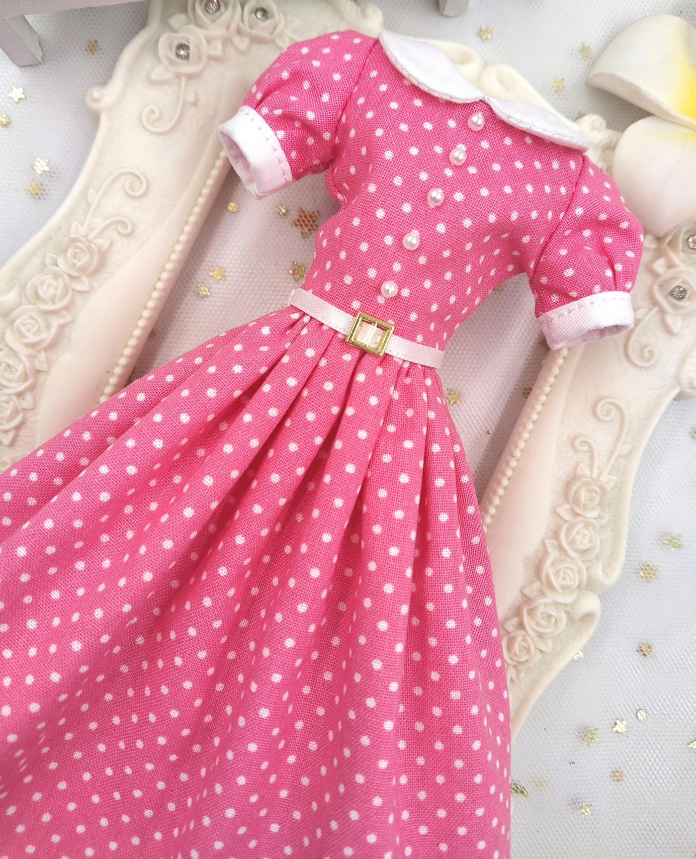 Pink vintage-style doll dress with white trim for 1/6 fashion dolls
