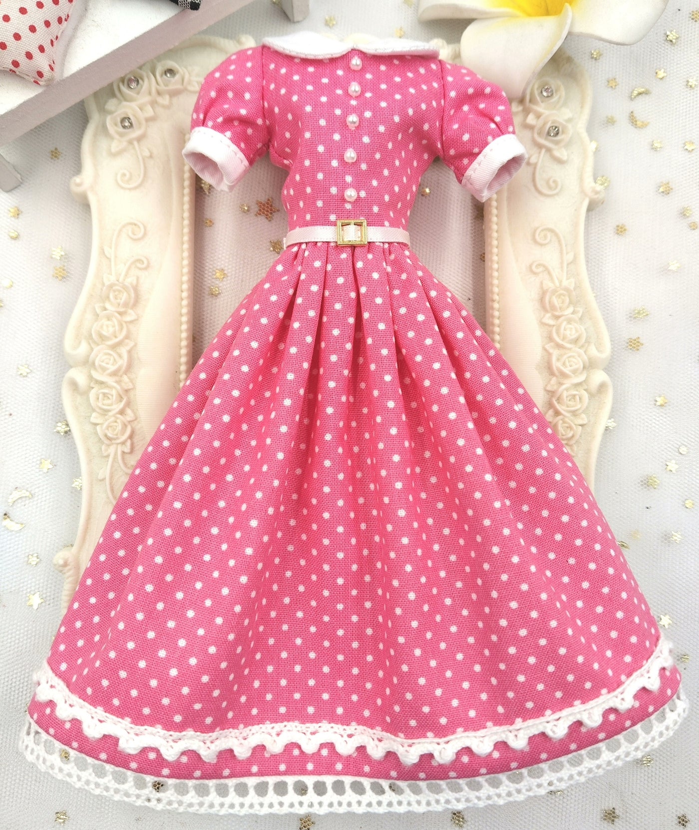 Made-to-order pink trim doll dress product view