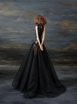 Black mermaid gown styled on a 1/6 scale fashion doll in a dark romantic setting.