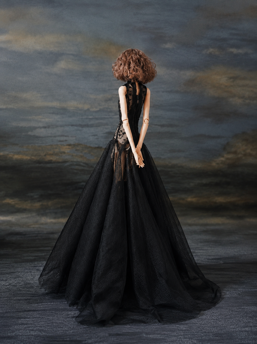 Black mermaid gown styled on a 1/6 scale fashion doll in a dark romantic setting.