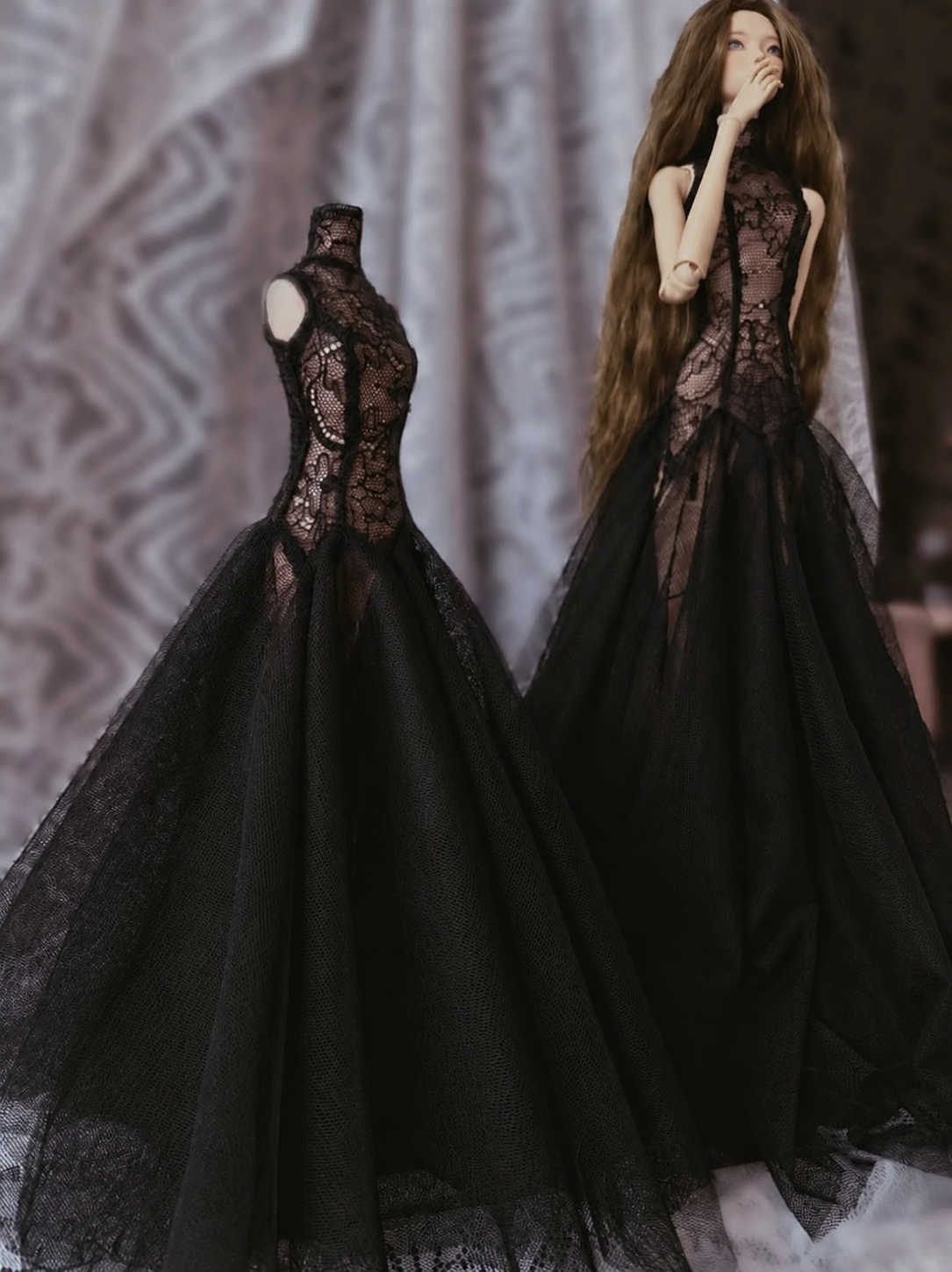 Dark romantic black gown with a fitted silhouette on a 1/6 scale doll.