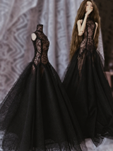 Dark romantic black gown with a fitted silhouette on a 1/6 scale doll.