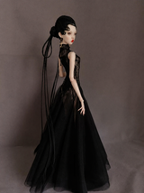 1/6 scale fashion doll wearing the Midnight Thorn black mermaid gown.