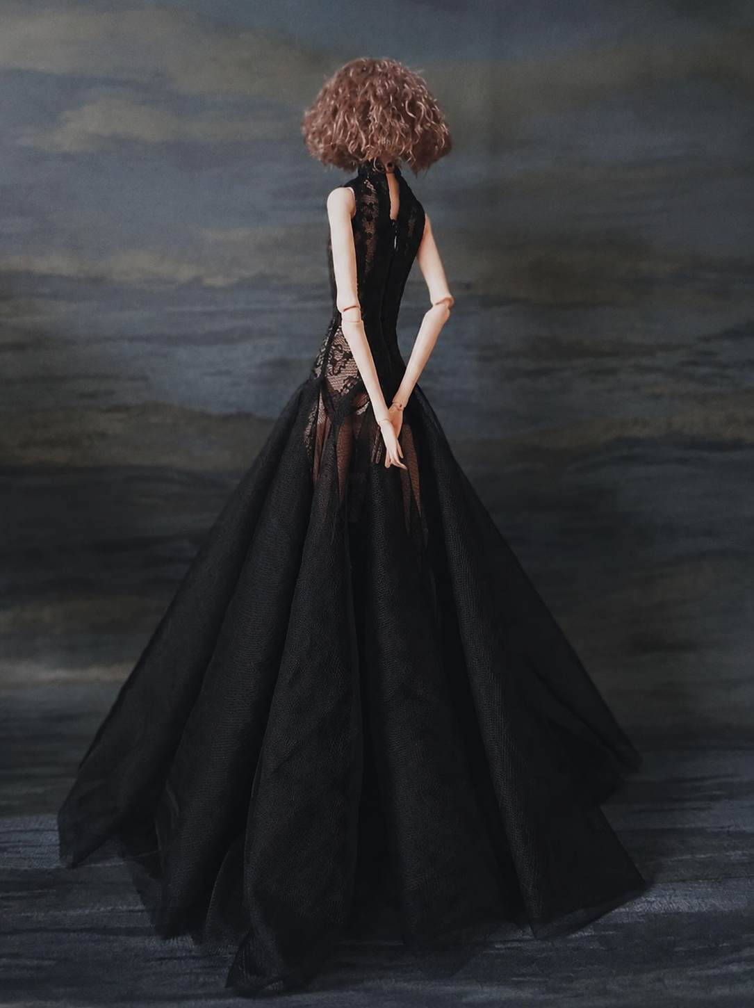 Midnight Thorn black evening gown for 1/6 scale doll photography.