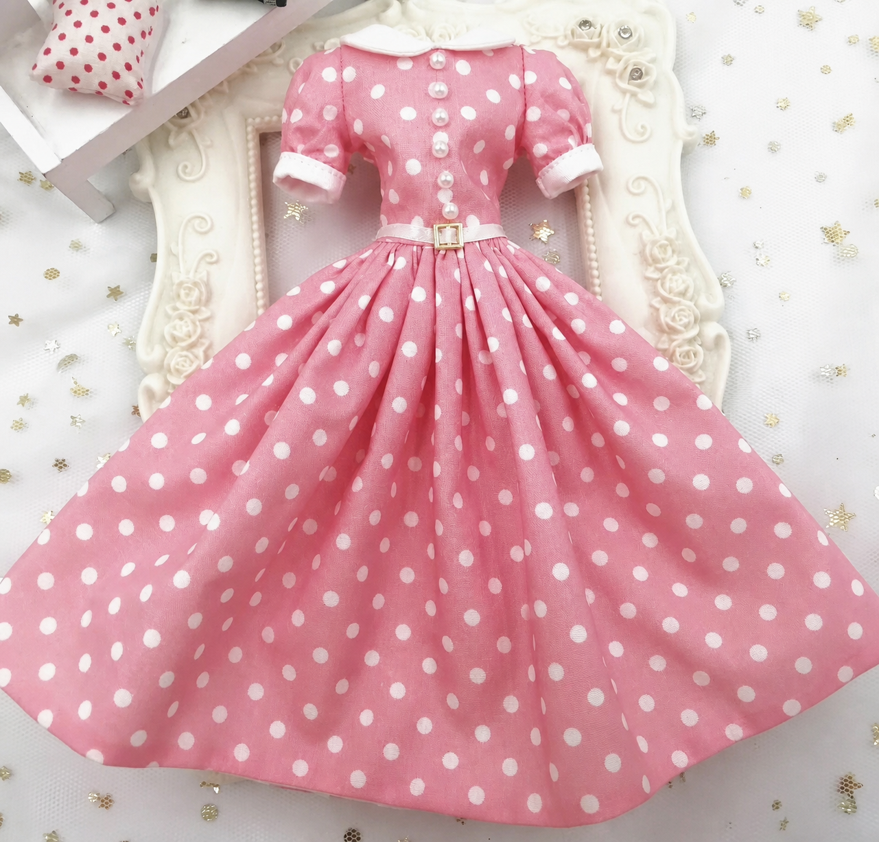 Made-to-order vintage pink polka-dot doll dress for Barbie and Fashion Royalty