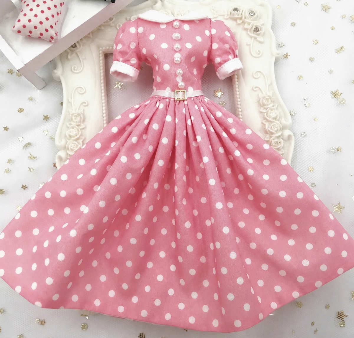 Made-to-order pink polka-dot doll dress product view