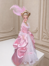 Side view of pink 1/6 Rococo court dress showing a voluminous layered skirt and Rococo wall