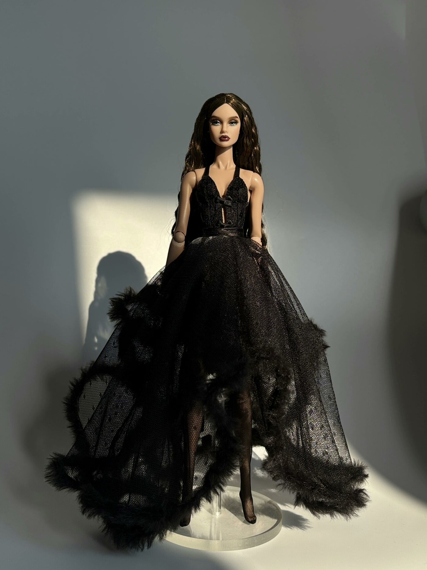 Full skirt of a layered black tulle gown for Barbie and fashion dolls.