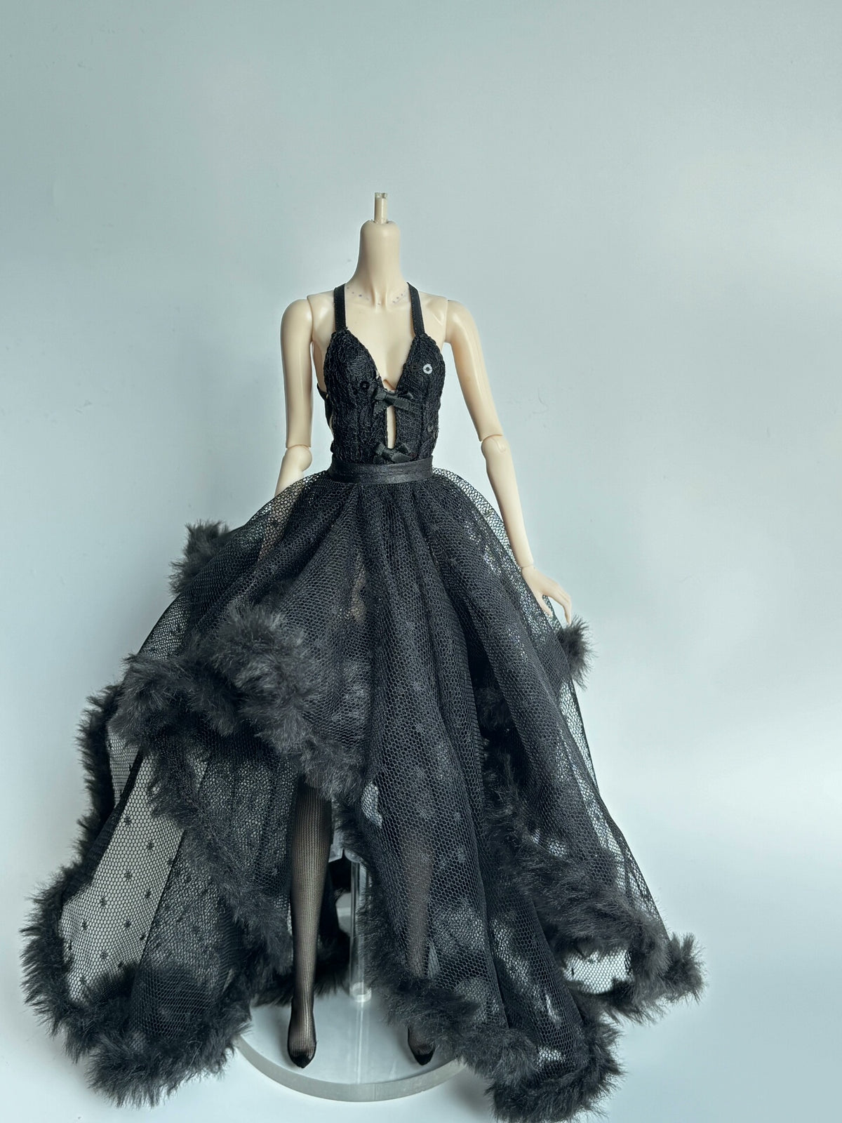 Black layered tulle gown for Barbie, Fashion Royalty, and Obitsu24 styling.