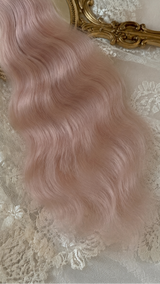 Snow pink natural mohair doll hair, full overhead flat lay showing the complete fiber bundle