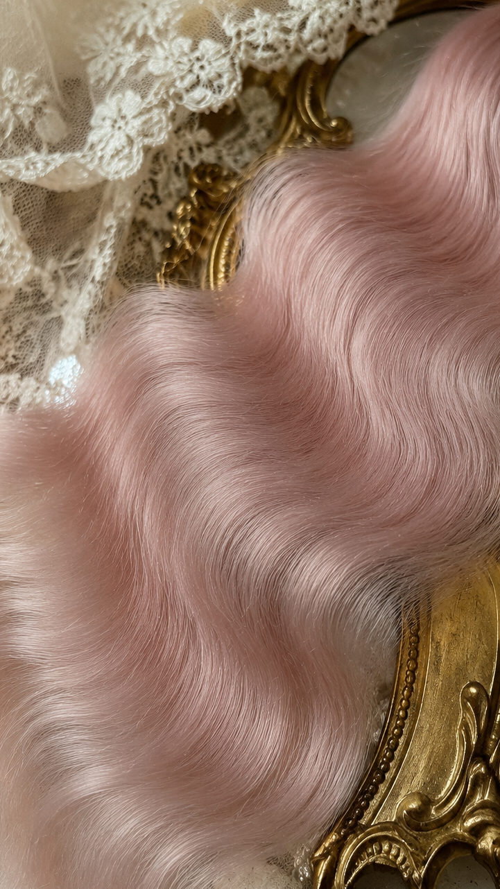 Close-up of snow pink natural mohair doll hair showing fine fibers, waves and silky sheen