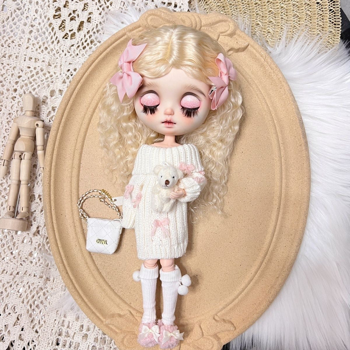 Soft knit bow sweater four-piece outfit set for 1/6 scale dolls