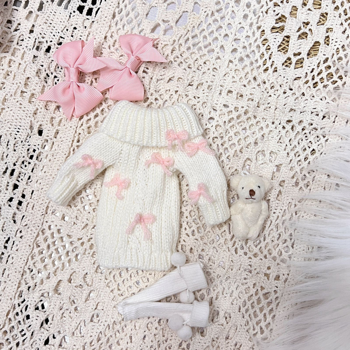 Soft knit bow sweater four-piece outfit set for 1/6 scale dolls