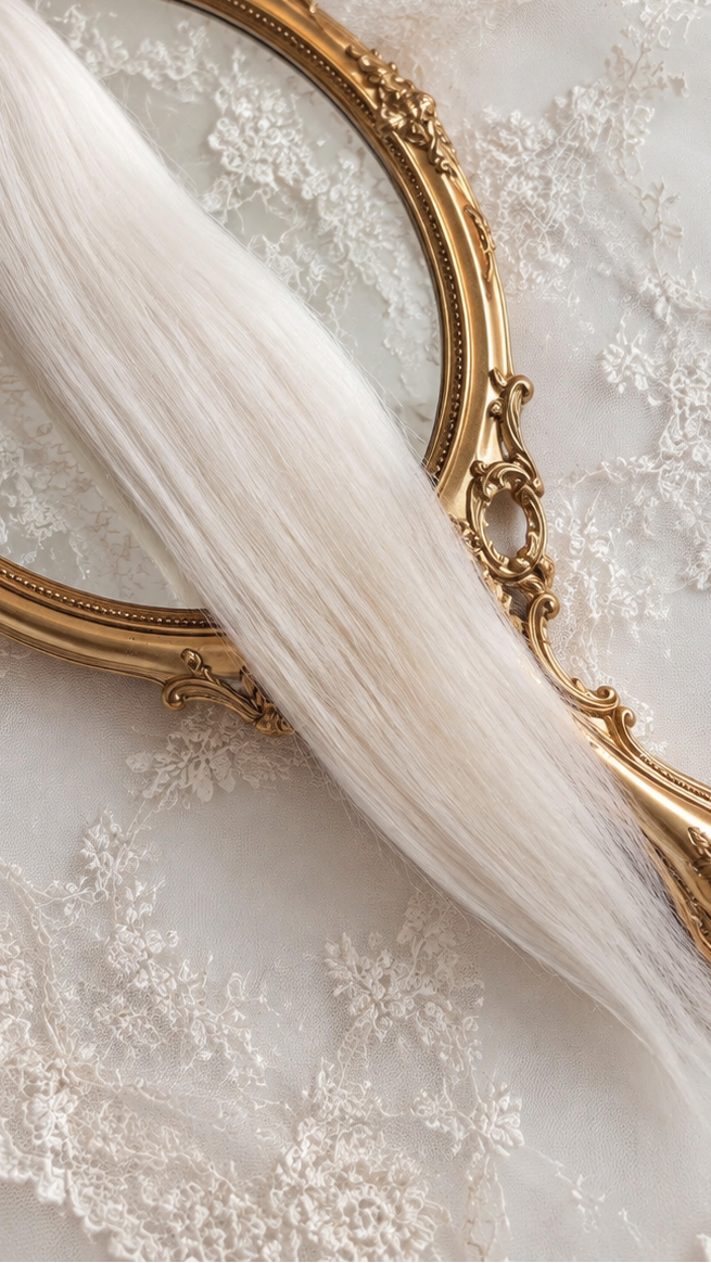 Straight white natural mohair doll hair, full overhead flat lay showing the complete fiber bundle