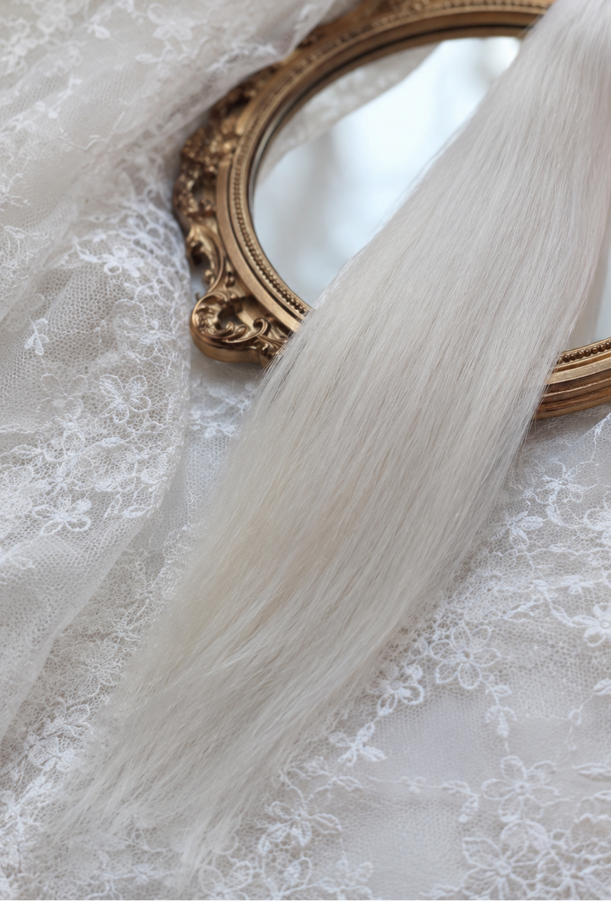 Straight white natural mohair doll hair close-up showing fine fibers, straight texture and silky sheen