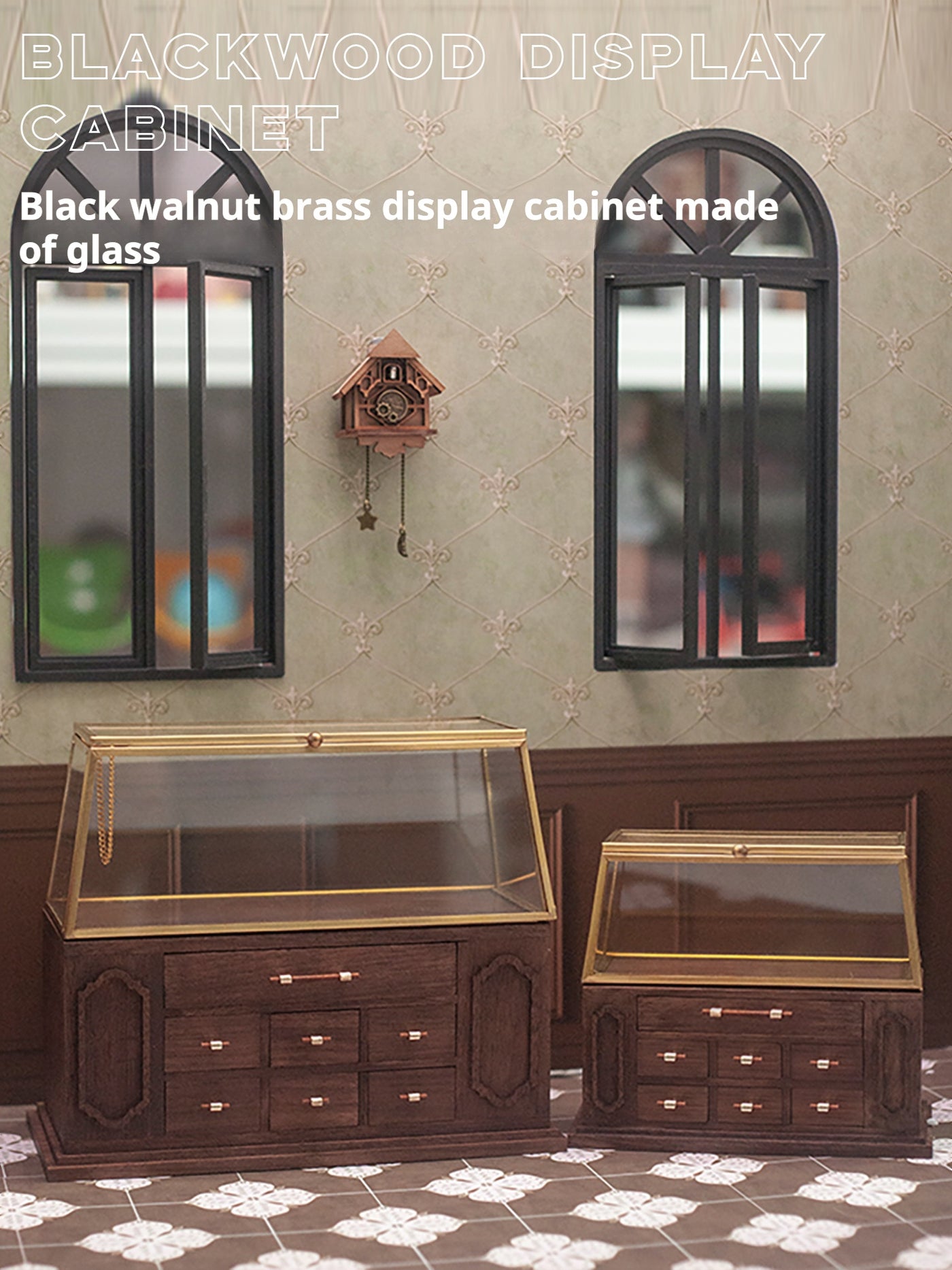 1/6 scale dollhouse blythe miniature sceneBJD black walnut brass glass display case