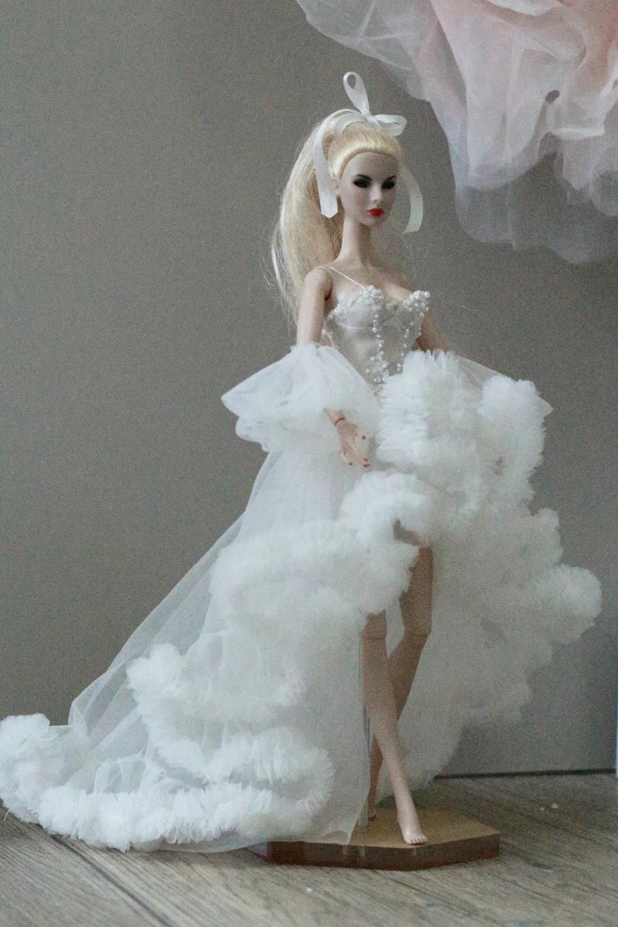 White floral princess ballet tutu dress for a 1/6 scale fashion doll.