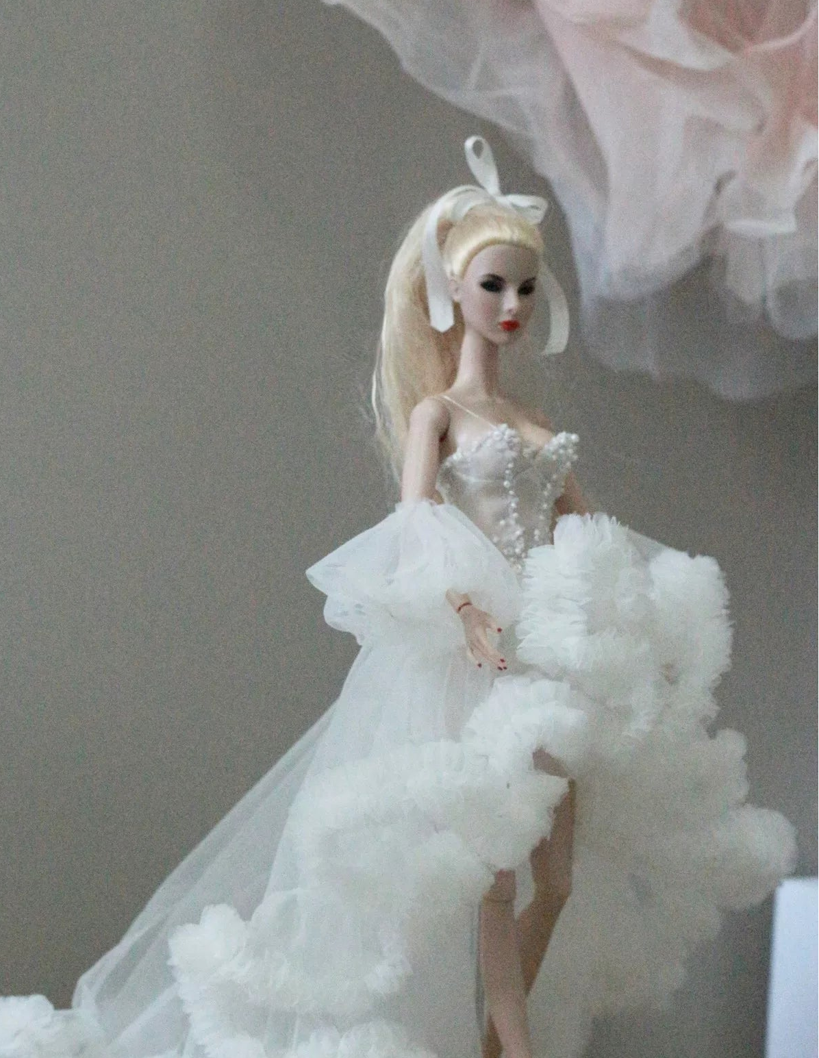 White floral princess ballet tutu dress for a 1/6 scale fashion doll, additional view.