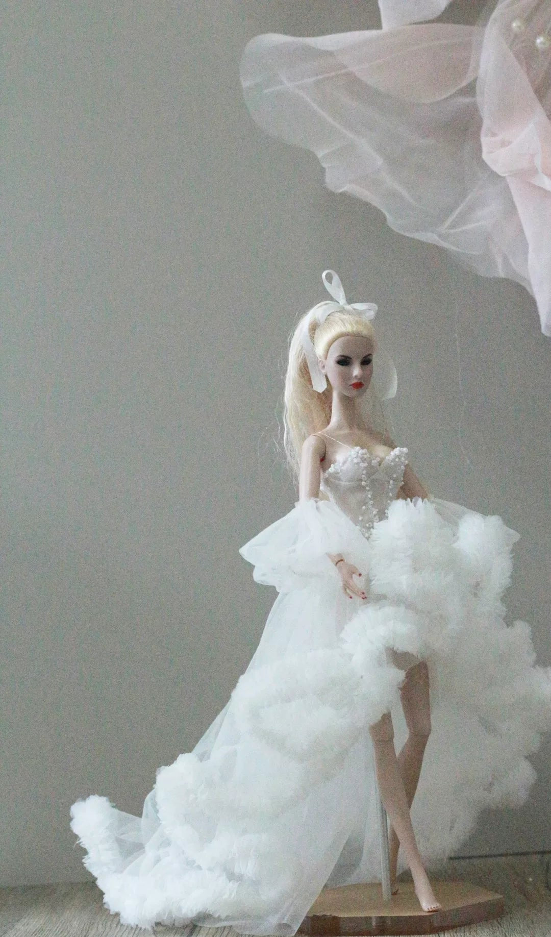 White floral princess ballet tutu dress for a 1/6 scale fashion doll, additional view.