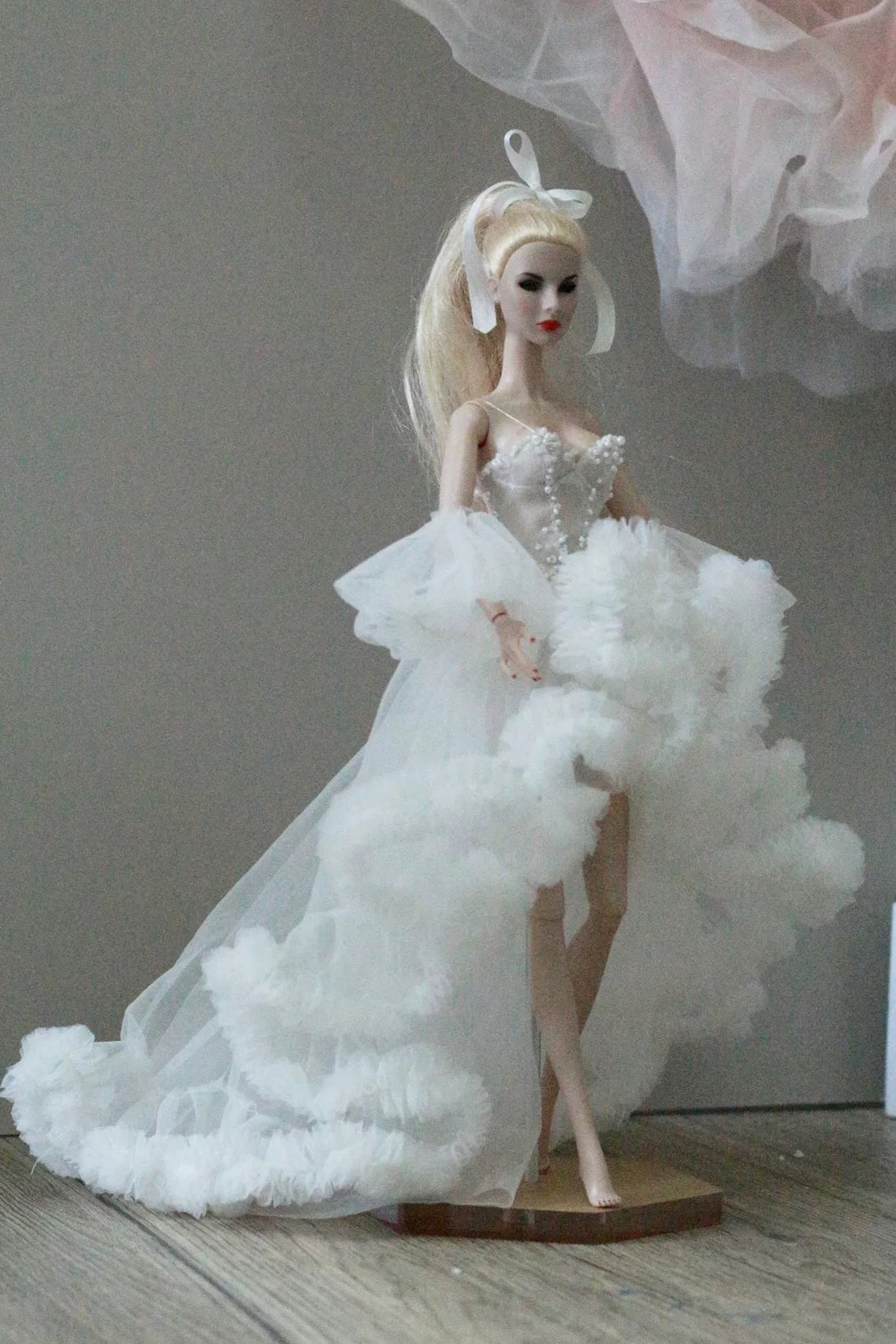 White floral princess ballet tutu dress for a 1/6 scale fashion doll, additional view.