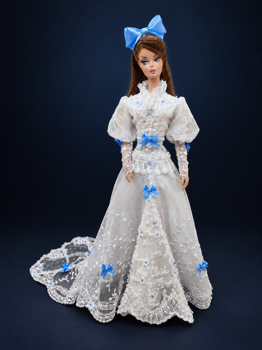 Three-quarter front view of a fashion doll wearing a white lace gown with blue bows, puff sleeves and a long embroidered train. On a dark navy studio background.