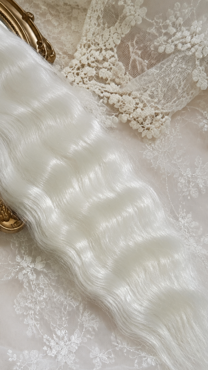 White natural mohair doll hair, full overhead flat lay showing the complete fiber bundle