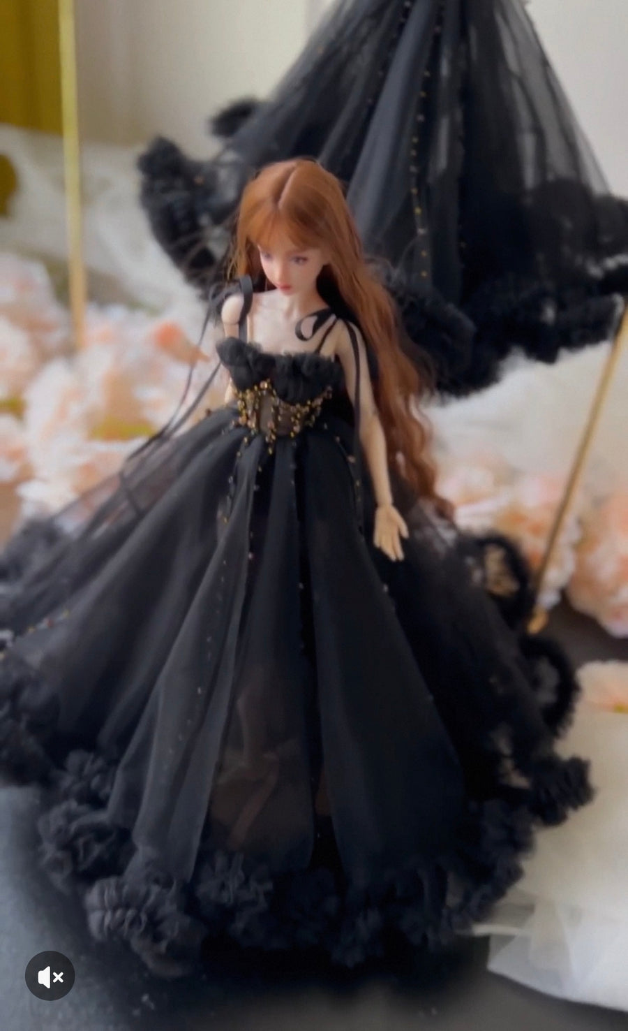 Black lace long gown styled on a 1/6 scale fashion doll in a dark setting.
