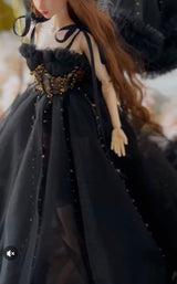 Vamp romantic black layered dress with a long flowing silhouette for a doll.