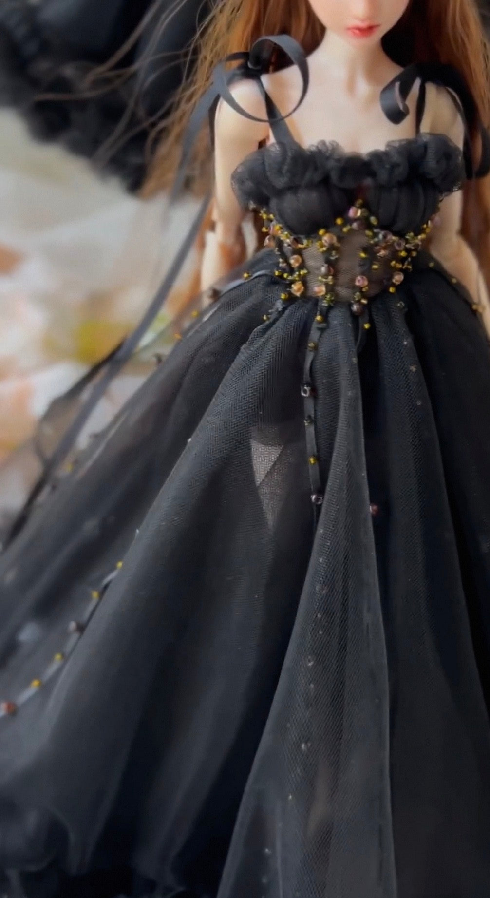 1/6 scale fashion doll wearing the Widow's Veil black lace gown.